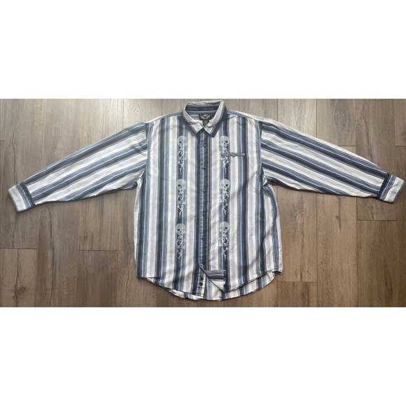 Harley Davidson Shirt Mens Large Skulls Button Up Blue Striped Logo Embroidered‎ - Picture 1 of 9